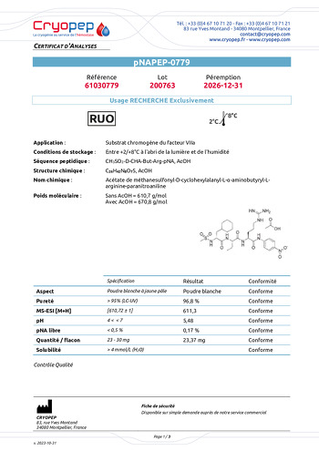 Certificate of analysis pNAPEP-0779 FVIIa Chromogenic Substrate 